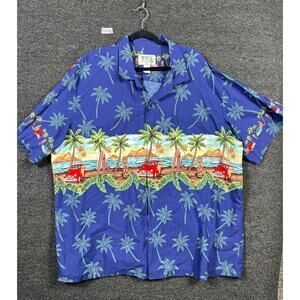 KY'S Hawaiian Shirt Men 4XL Blue Short Sleeve Cars Palm Trees Button Up USA MADE